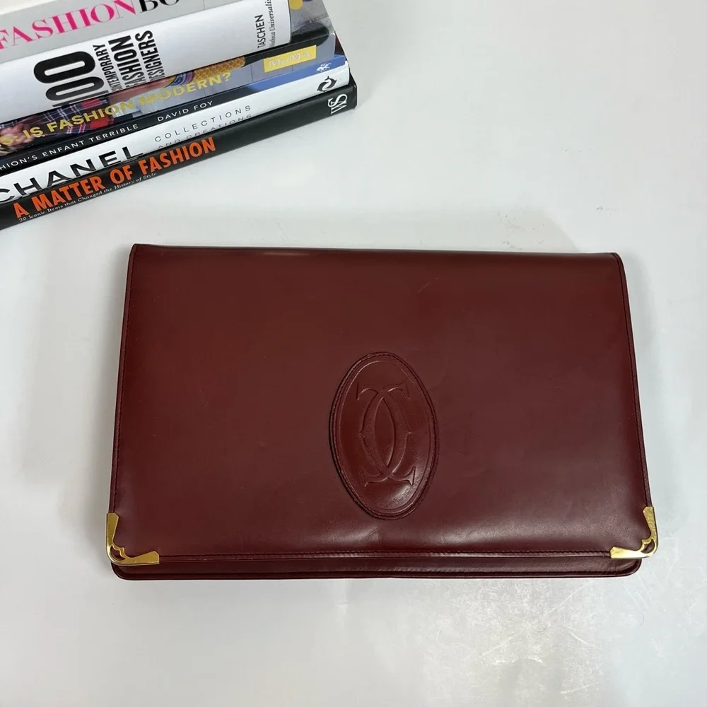 Cartier Clutch Bag Red Bordeaux Burgundy Leather Gold Hardware Large